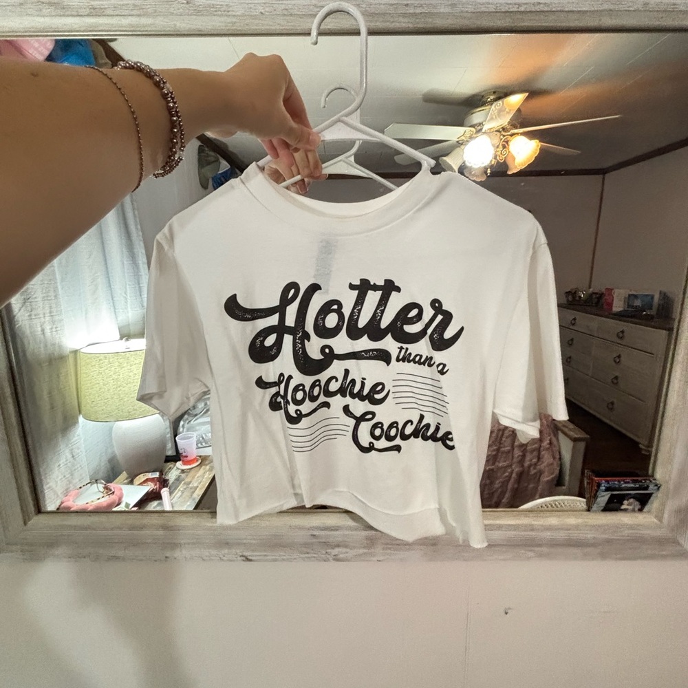 White Crop Top with Black Graphic Text